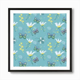 Butterflies Flowers Blue Background Spring Pattern Art Print