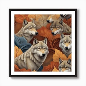 Wolves In Autumn Leaves Art Print