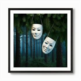 3d Masks Suspended In Mid Air One Symbolizing Tragedy With A Tear Streaked Visage Other Embodying (1) Art Print