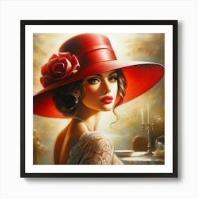 Lady Adorned In A Striking Red Hat 1 Art Print