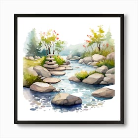 Watercolor Landscape With Rocks And Waterfall Art Print