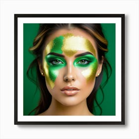 Beautiful Woman With Green And Gold Makeup 1 Art Print