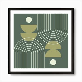 Modern Mid Century Sun, Moon Phases and Rainbow Abstract 21 in Forest Sage Green Art Print