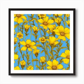 Yellow Flowers On Blue Background Art Print