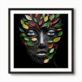 Portrait Of A Woman With Leaves On Her Face Art Print