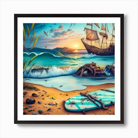 Beach Scene Sailing Ship Wreck In The Foregroun 1 Art Print