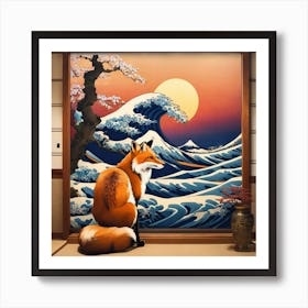 Fox In Front Of The Great Wave Art Print