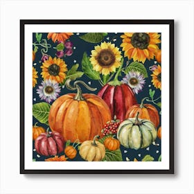 Autumn harvest of pumpkins, berries and sunflowers Colorful pumpkins and pumpkin harvest Art Print