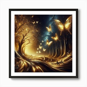 Golden Forest With Butterflies Art Print