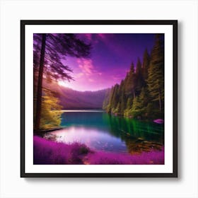 Purple Lake In The Forest Art Print