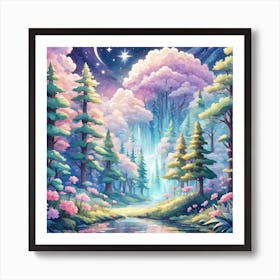 A Fantasy Forest With Twinkling Stars In Pastel Tone Square Composition 348 Art Print