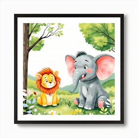 Cartoon Elephant And Lion In The Forest Art Print