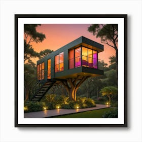 Tree House At Dusk 1 Art Print