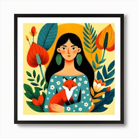 Girl with Fox and Leaves Art Print