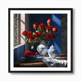 Still Life with Red Roses and Blue & White Porcelain Art Print