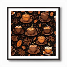 Seamless Pattern With Coffee Cups And Leaves 1 Art Print