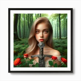 Fantasy Girl With Sword In The Forest Art Print