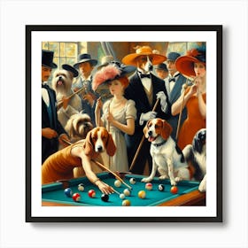 Dogs playing pool Art Print