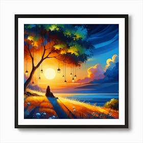 Sunset Tree With Lanterns Art Print