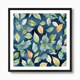 Watercolor Leaves On Blue Background Art Print 3 Art Print