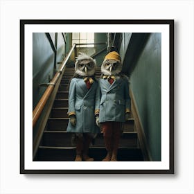 Two Owls On Stairs - Friends - Cute - Vintage - Spooky Art Print