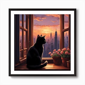 Cat contemplates city's allure. Art Print