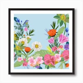 Lovely Flowers And Cute Bird Pattern Blue Background Art Print