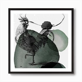 Feathered Friends Cockrel Black & Green Square Art Print