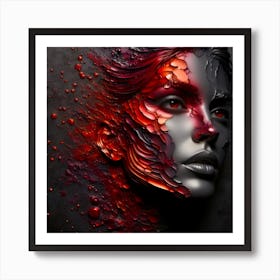 Portrait Of A Woman's Face - An Embossed Abstract Artwork In Red and Silver Color Metal Work. Art Print