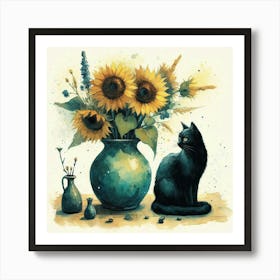 Sunflowers And Cat watercolor pestel painting Vase With Three Sunflowers With A Black Cat, Van Gogh Inspired Art Print Art Print