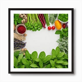 Top View Of Fresh Herbs On White Background Art Print