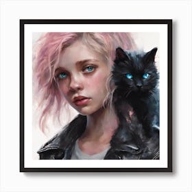 Girl With Pink Hair And A Black Cat Art Print