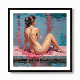 Nude woman a pool in pink hues Art Print