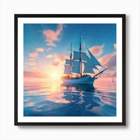 Abstract Expressionism Beautiful Big Sail Boat On Pale Blue Water Gentel Sweels Pastel Sky Art Print