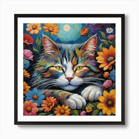 Psychedelic painting art of a cat surrounded by flowers Art Print