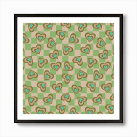 LOVE HEARTS CHECKERBOARD Tossed Retro Alt Valentines in Olive Sand Turquoise on Cream Green Geometric Grid Art Print