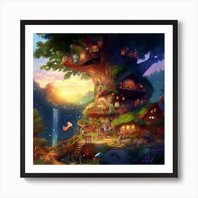 Myeera Giant Tree House Waterfalls Steampunk Style Fairies And Art Print