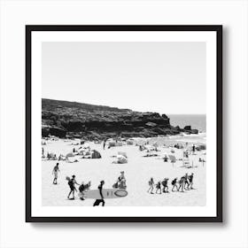 Day At The Beach, Portugal  Black And White Travel Documentary Photography Square Art Print