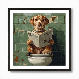 Dog Reading Newspaper On Toilet Art Print