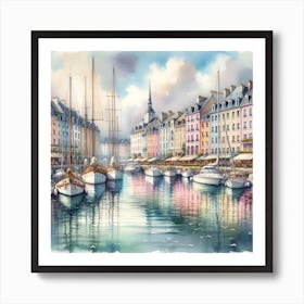 Watercolor Of A Harbor In France Art Print