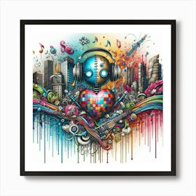 Robot With Headphones 1 Art Print