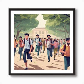 Illustration Of Students Running In The Park Art Print