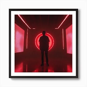 The Image Depicts A Person Standing In A Dark, Futuristic Room With A Large Red Light Emanating From The Center Art Print