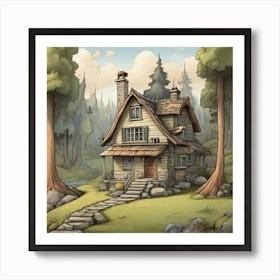 A Little House In The Woods Cartoon Drawing Art Print 0 Art Print