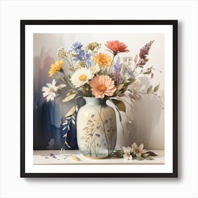 Watercolour wildflowers in muted tones in vintage vase Art Print