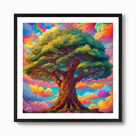 A huge tree among colourful clouds Art Print