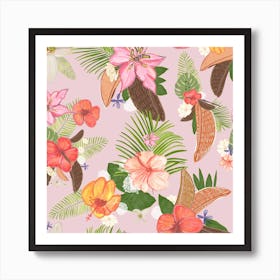 Tropical Watercolor Flowers And Leaves Pattern Square Art Print