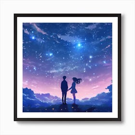 Couple Holding Hands Under The Stars Art Print