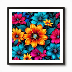 Colorful Flowers, A Vibrant Pattern Bursting With Colorful Flowers Perfect For Those Who Love Nature 1 Art Print