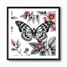 Butterfly And Flowers 7 Art Print